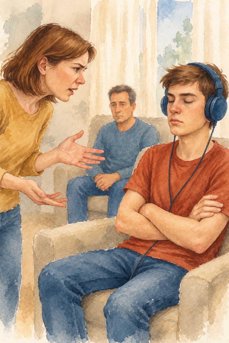 Ilustración en acuarela de una madre hablando con su hijo adolescente, que lleva auriculares, con el padre sentado al fondo