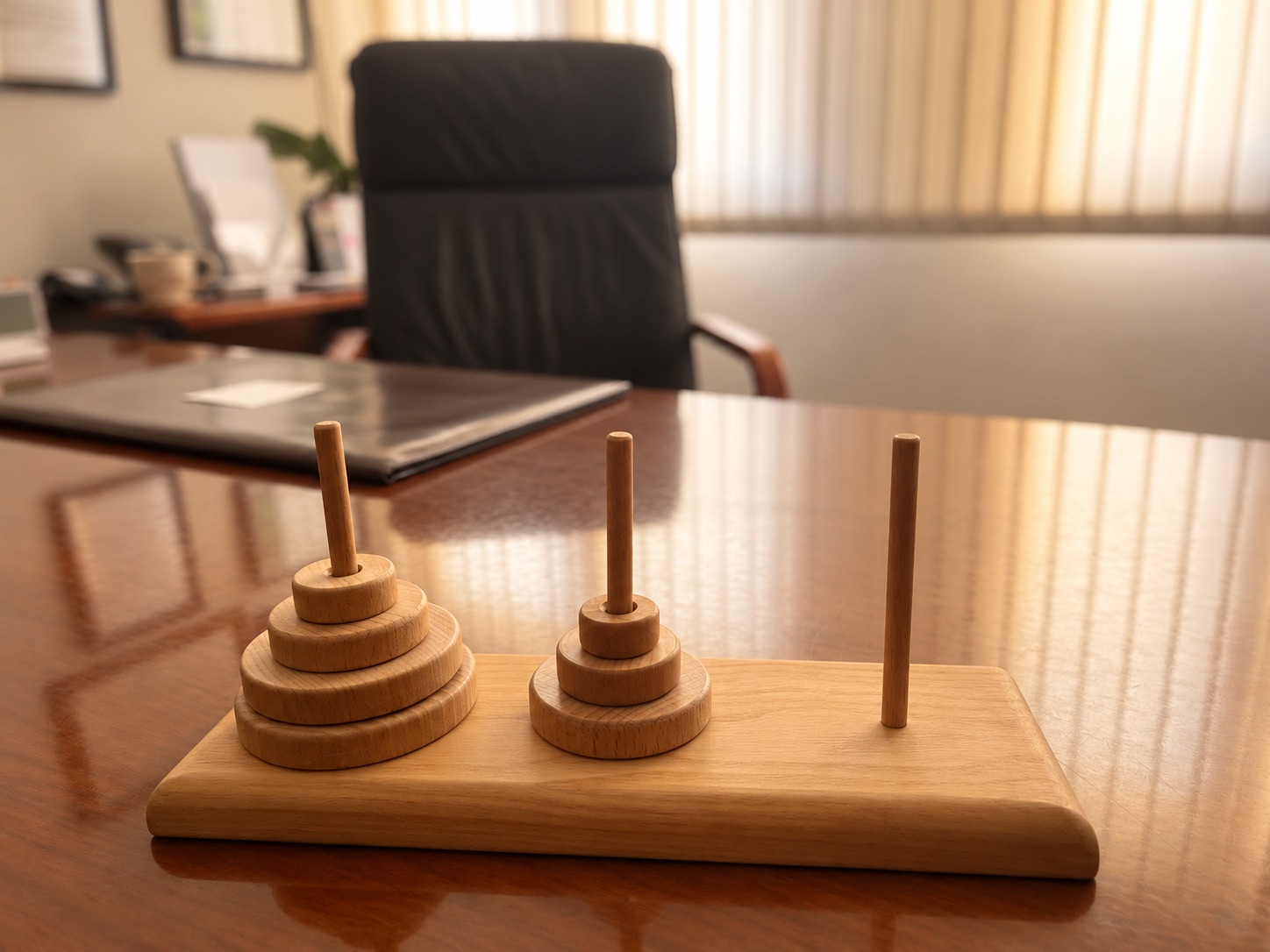Torre de Hanói de madera sobre la mesa del despacho, con una silla de oficina al fondo