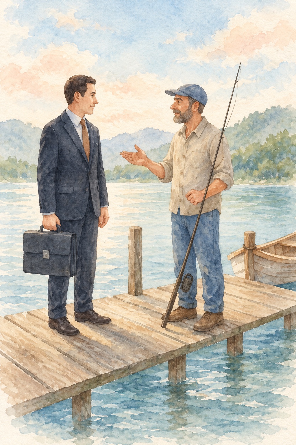 Acuarela de un hombre de negocios con traje y maletín conversando con un pescador con caña sobre un embarcadero de madera junto a un lago con montañas
